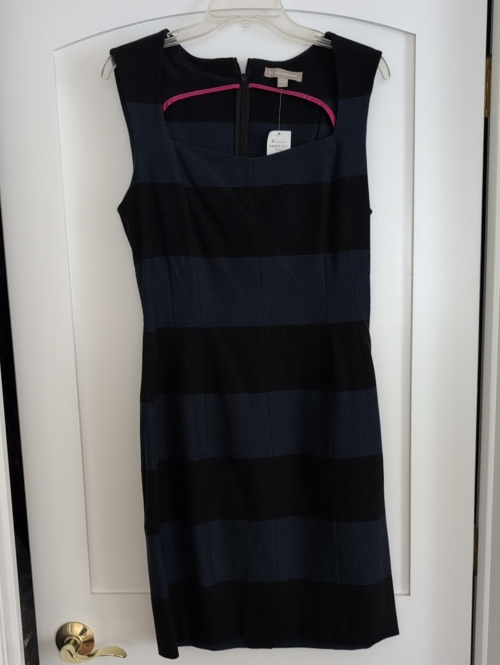 Sleeveless Striped Midi Sheath Dress in Black and Navy by Ann Taylor